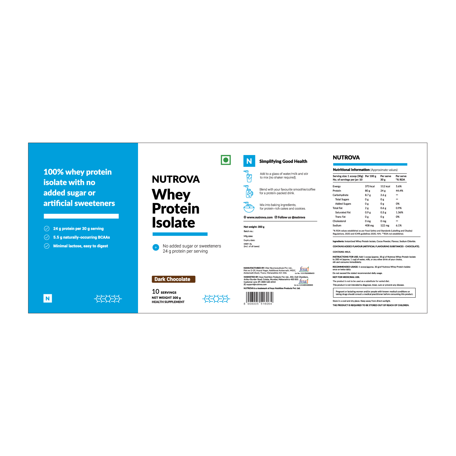 Nutrova Whey Protein Isolate (Dark Chocolate) 1Kg