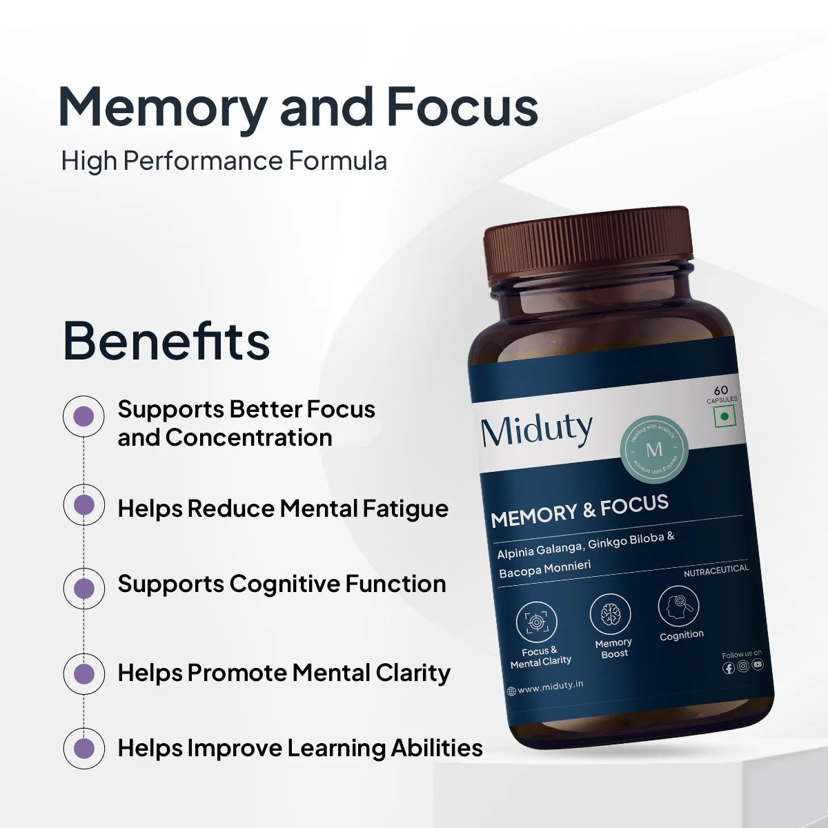 Miduty Memory &amp; Focus | Caffeine-Free Formula For Extreme Alertness 60 Capsules