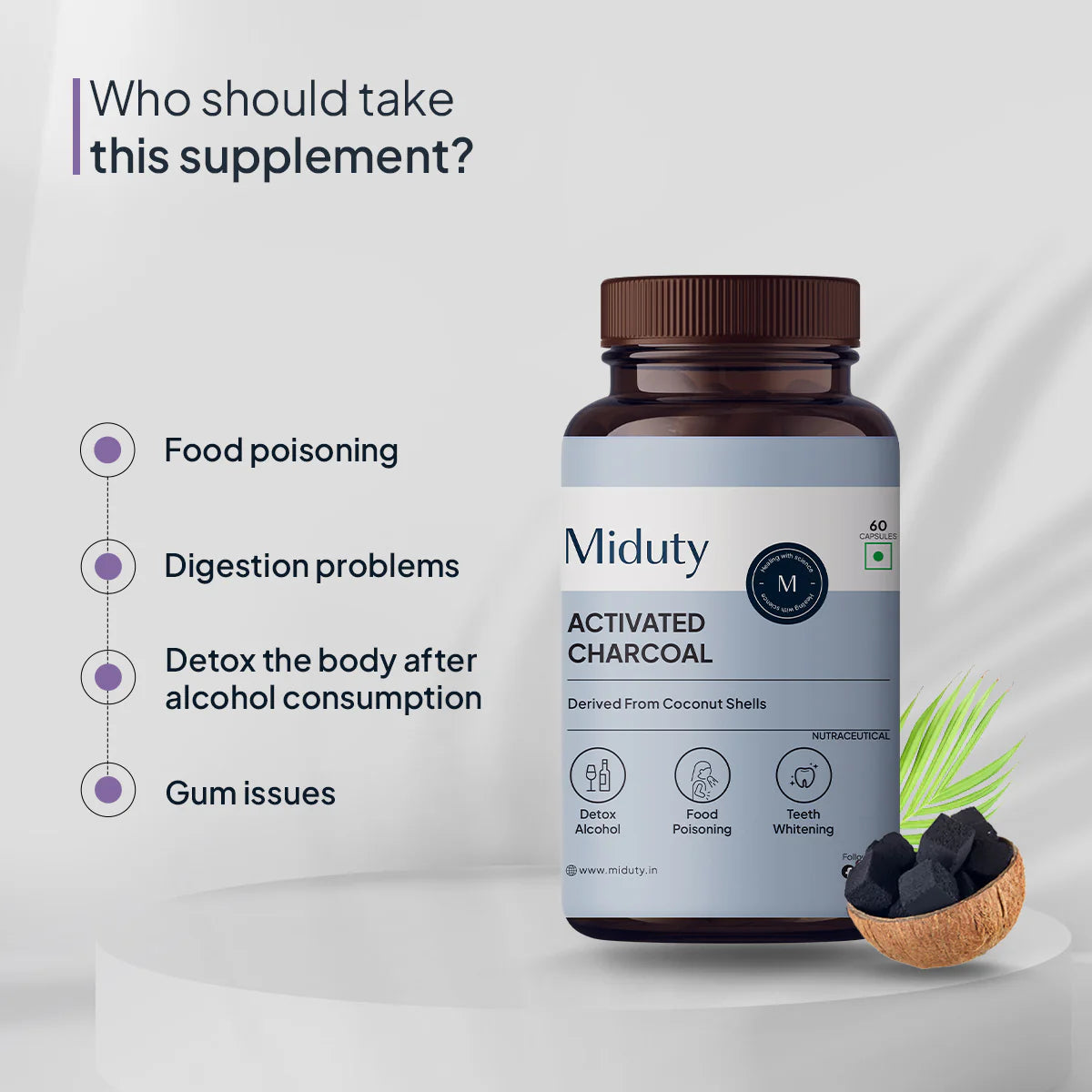 Miduty Activated Coconut Charcoal 60 Capsules