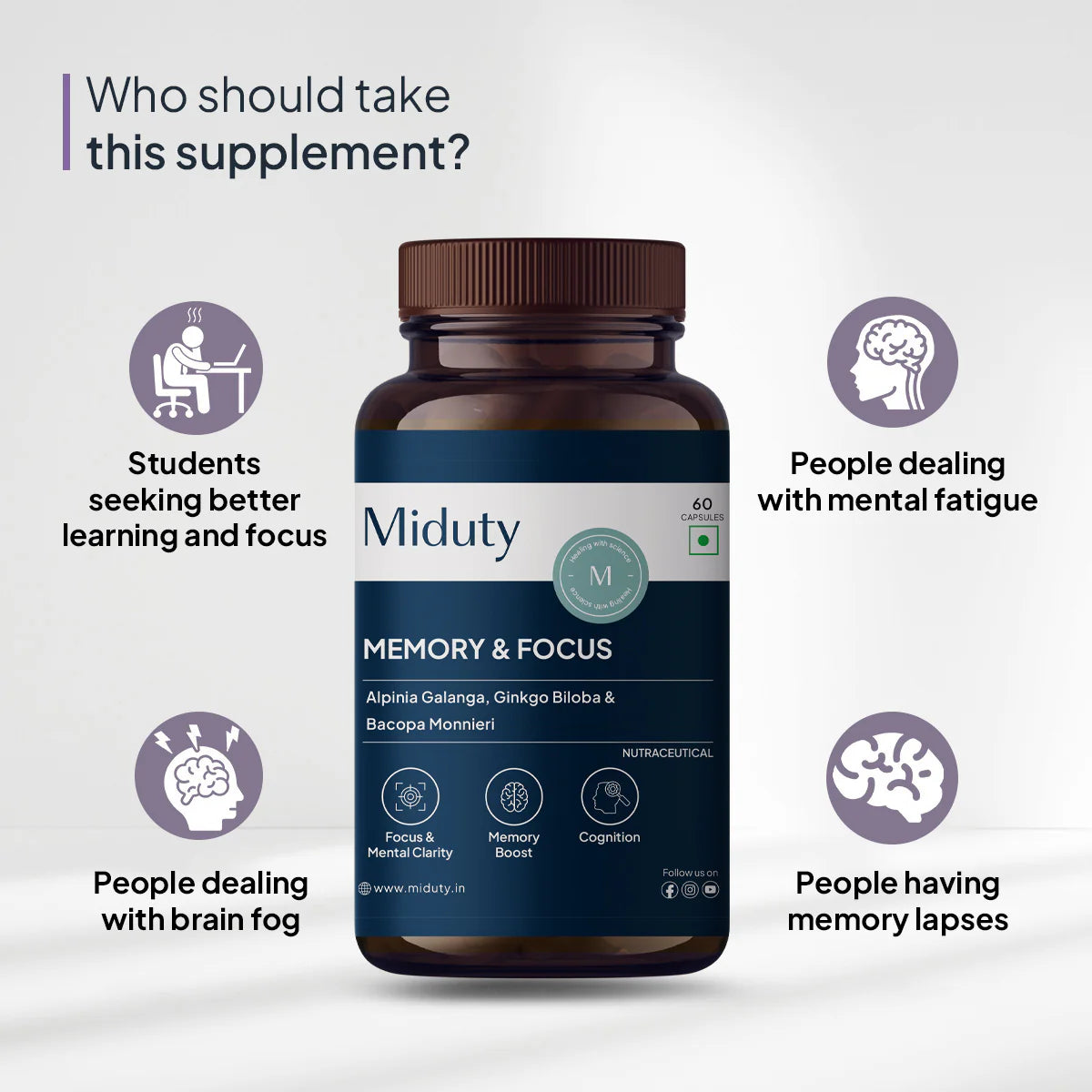 Miduty Memory &amp; Focus | Caffeine-Free Formula For Extreme Alertness 60 Capsules
