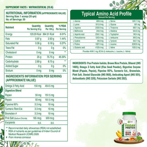 Purenutrition  Plant-based Vegan Protein with Omega 3 Fatty Acids 1Kg - Chocolate