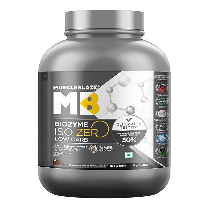 MuscleBlaze Biozyme Iso-Zero, Low Carb Whey Protein Isolate Powder, (Ice Cream Chocolate, 2kg / 4.4lbs) | - NutraC - Health &amp; Nutrition Store 