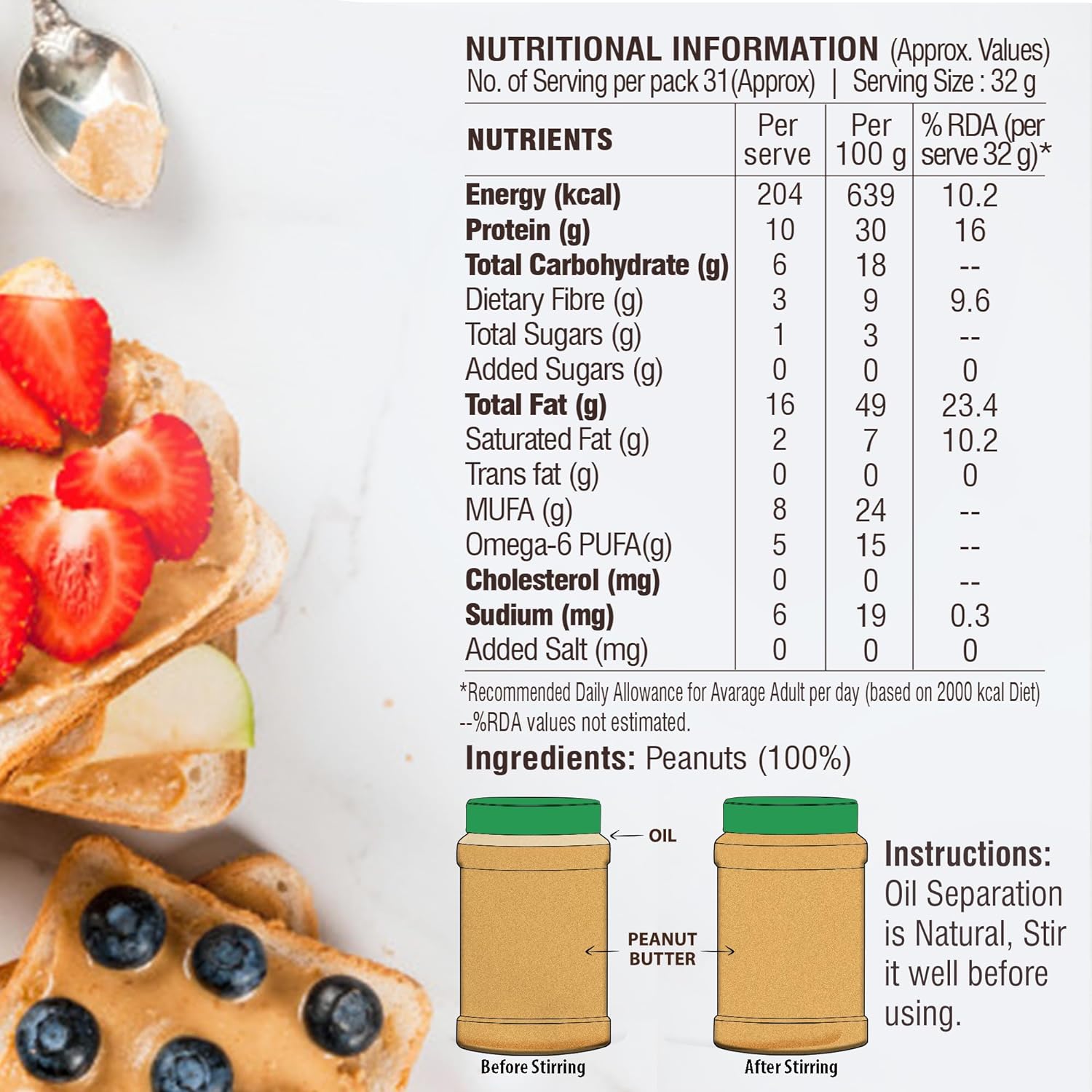 DiSano Peanut Butter, All Natural, Creamy, Unsweetened, 30% Protein, Gluten Free, Non GMO, 1kg