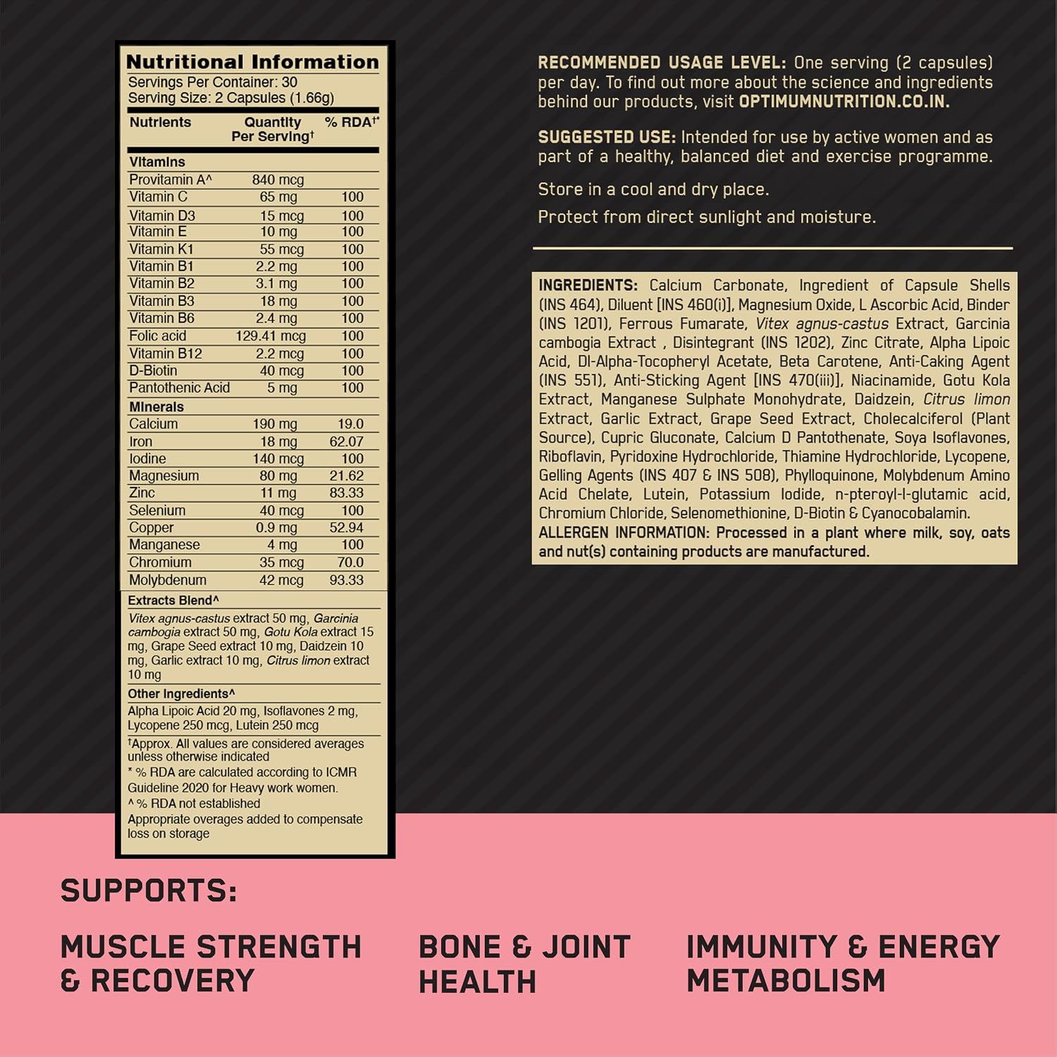 Optimum Nutrition (ON) Opti-Women - Multivitamin Plus For Women , 60 capsules