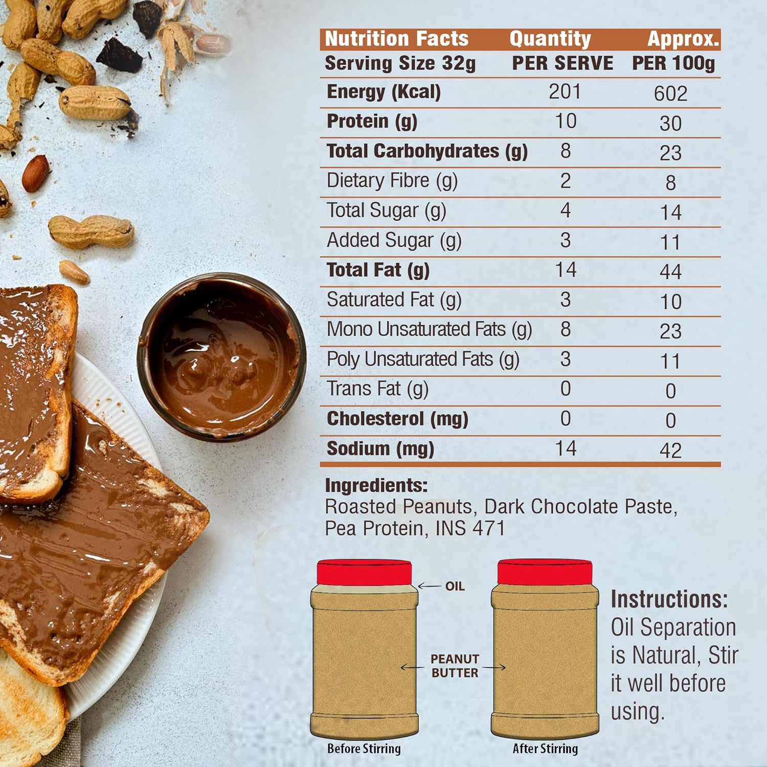 Disano Chocolate Peanut Butter, Creamy with High Protein, 1 kg