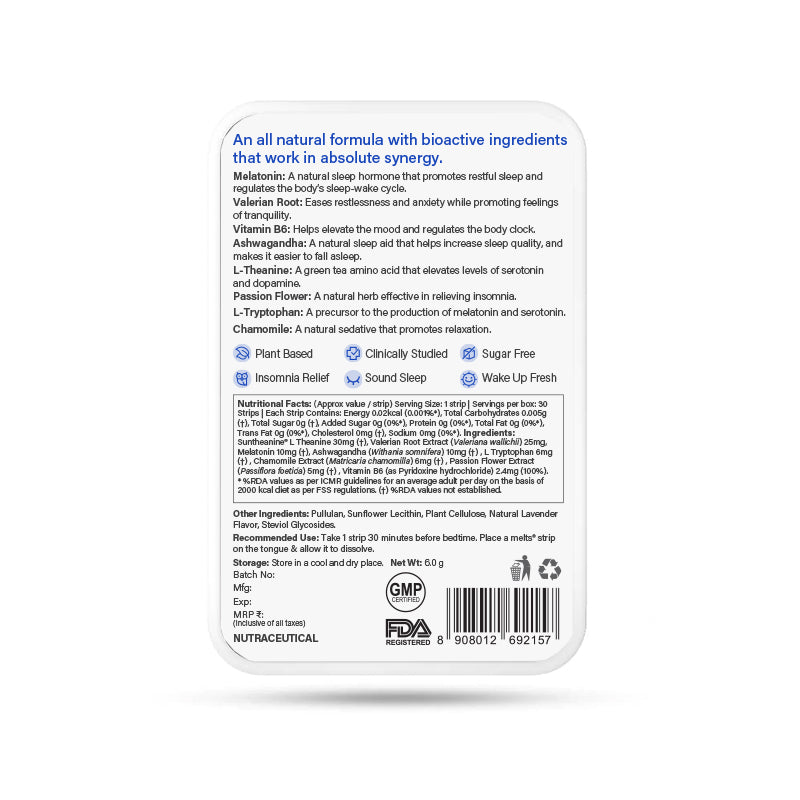 Wellbeing Nutrition Melts Restful Sleep, Plant Based Melatonin 10mg  for Natural Sleep cycle 30 Oral Thin Strips