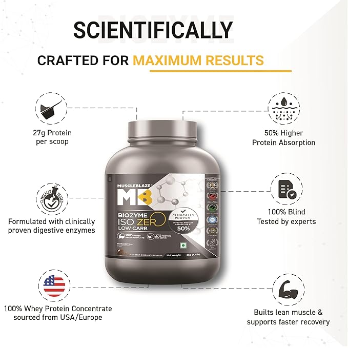 MuscleBlaze Biozyme Iso-Zero, Low Carb Whey Protein Isolate Powder, (Ice Cream Chocolate, 2kg / 4.4lbs) | - NutraC - Health &amp; Nutrition Store 