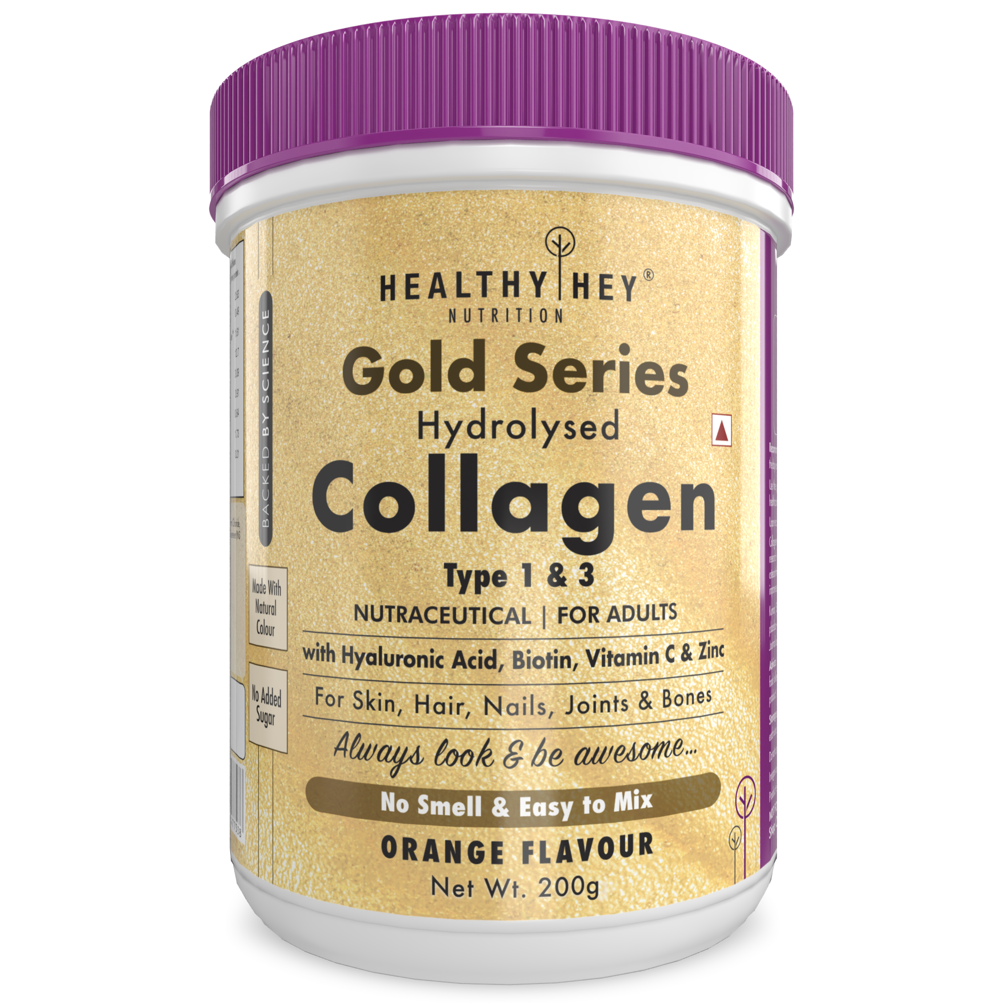 Healthy Hey Collagen Gold Series with Hyaluronic Acid, Biotin &amp; Vitamin C - No Smell and Sugar-Easy to Mix-for Skin, Hair &amp; Nails, 200 gm - Orange