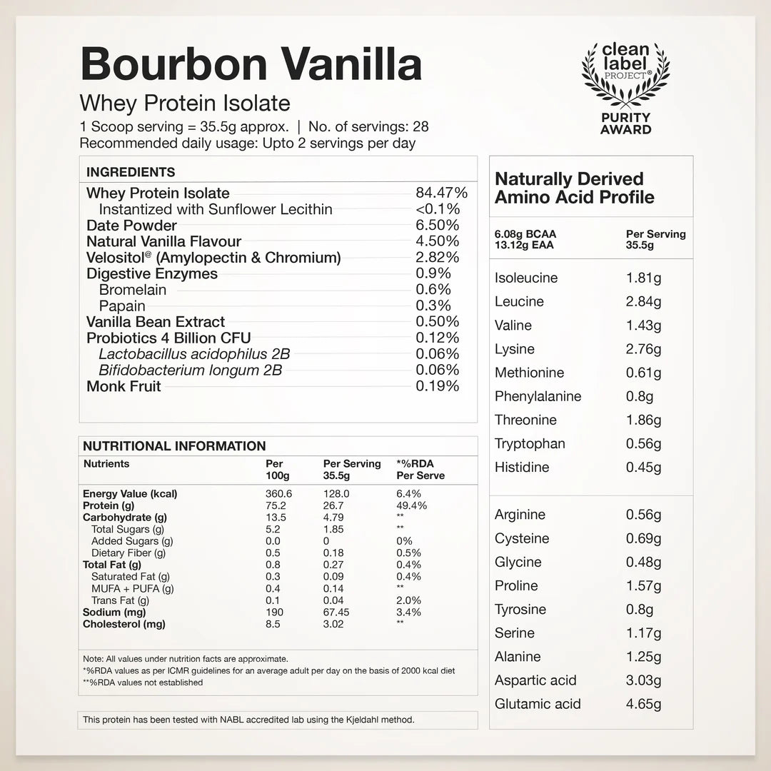 Wellbeing Whey Protein Isolate 26g | 1kg | 4B CFU Probiotics | Bourbon Vanilla