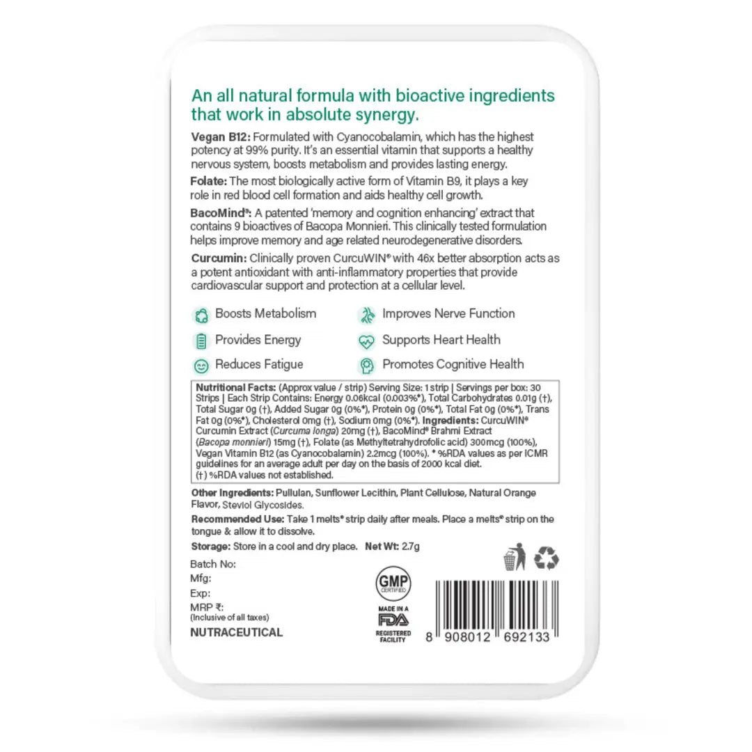 Wellbeing Nutriton  Melts - Vegan Vitamin B12 - with Folate, Brahmi, Curcumin - for Brain, Heart and Nervous System Support - Pack of 1 (30 Strips)