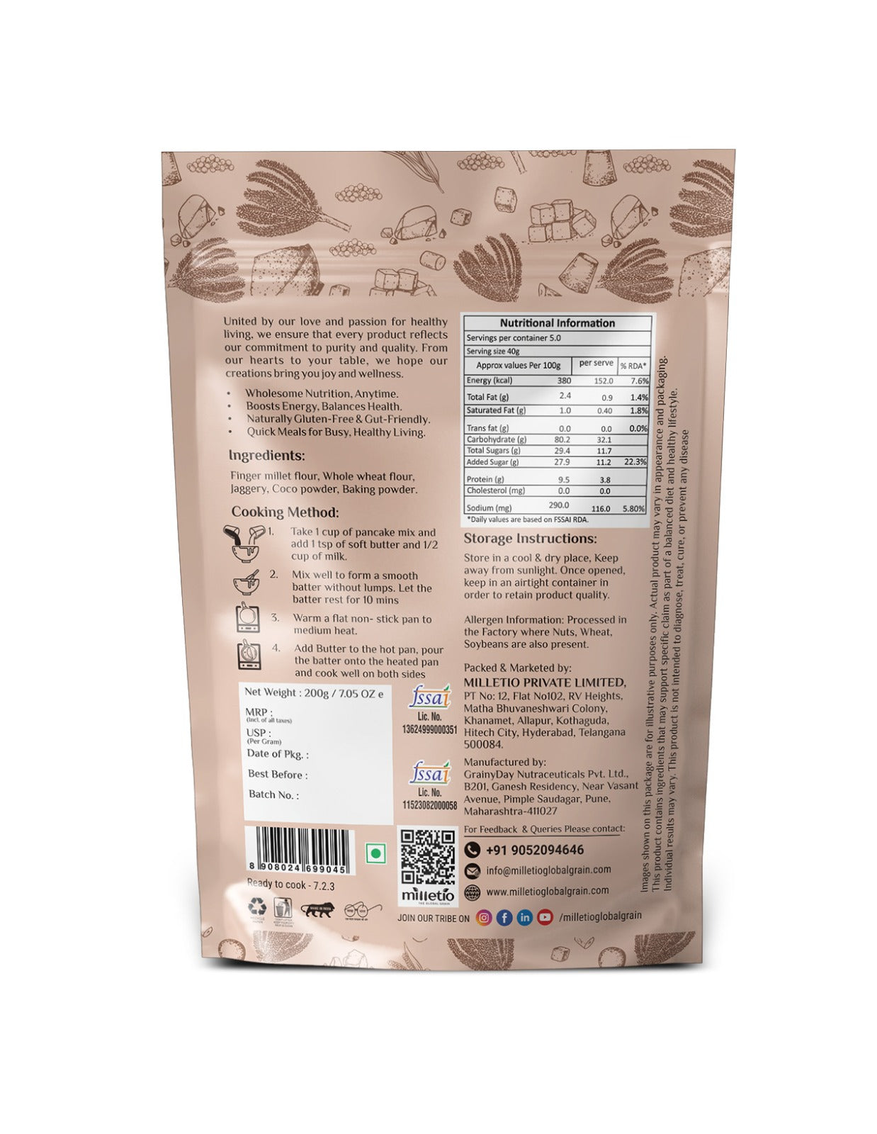 Milletio Ragi Chocolate Pancake Instant Mix200g