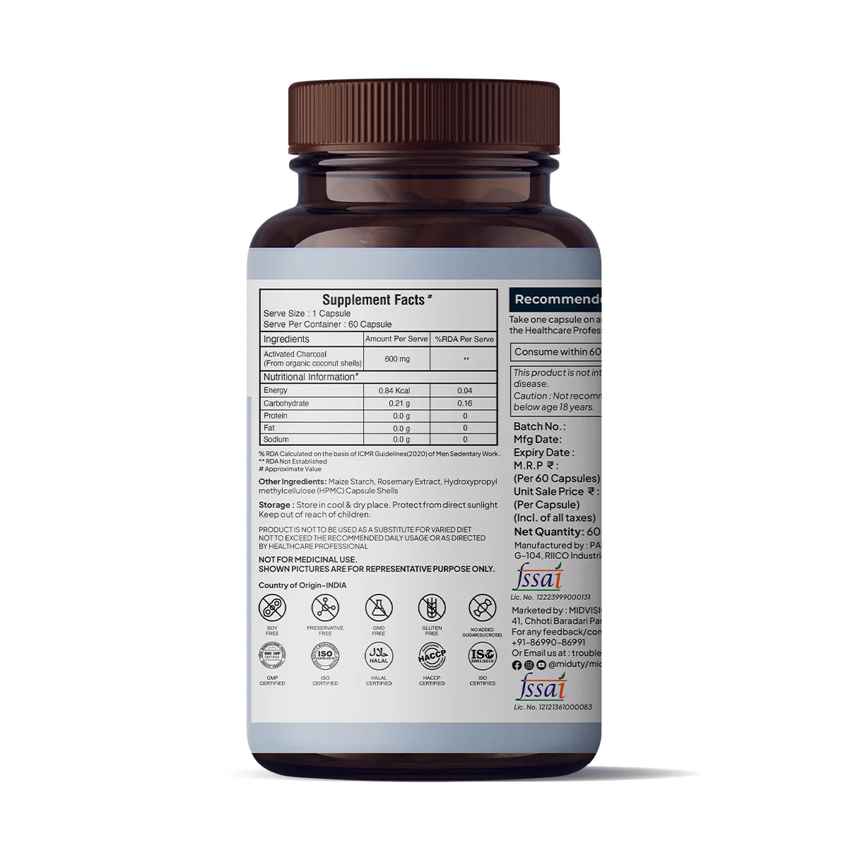 Miduty Activated Coconut Charcoal 60 Capsules