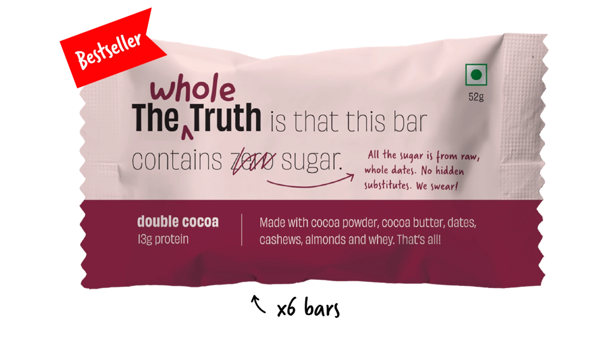 The Whole Truth Double Cocoa 13g Protein Bar 52g Pack Of Six 6