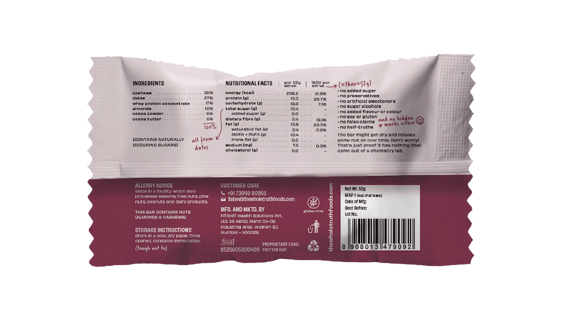 The Whole Truth Double Cocoa 13g Protein Bar 52g Pack Of Six 6