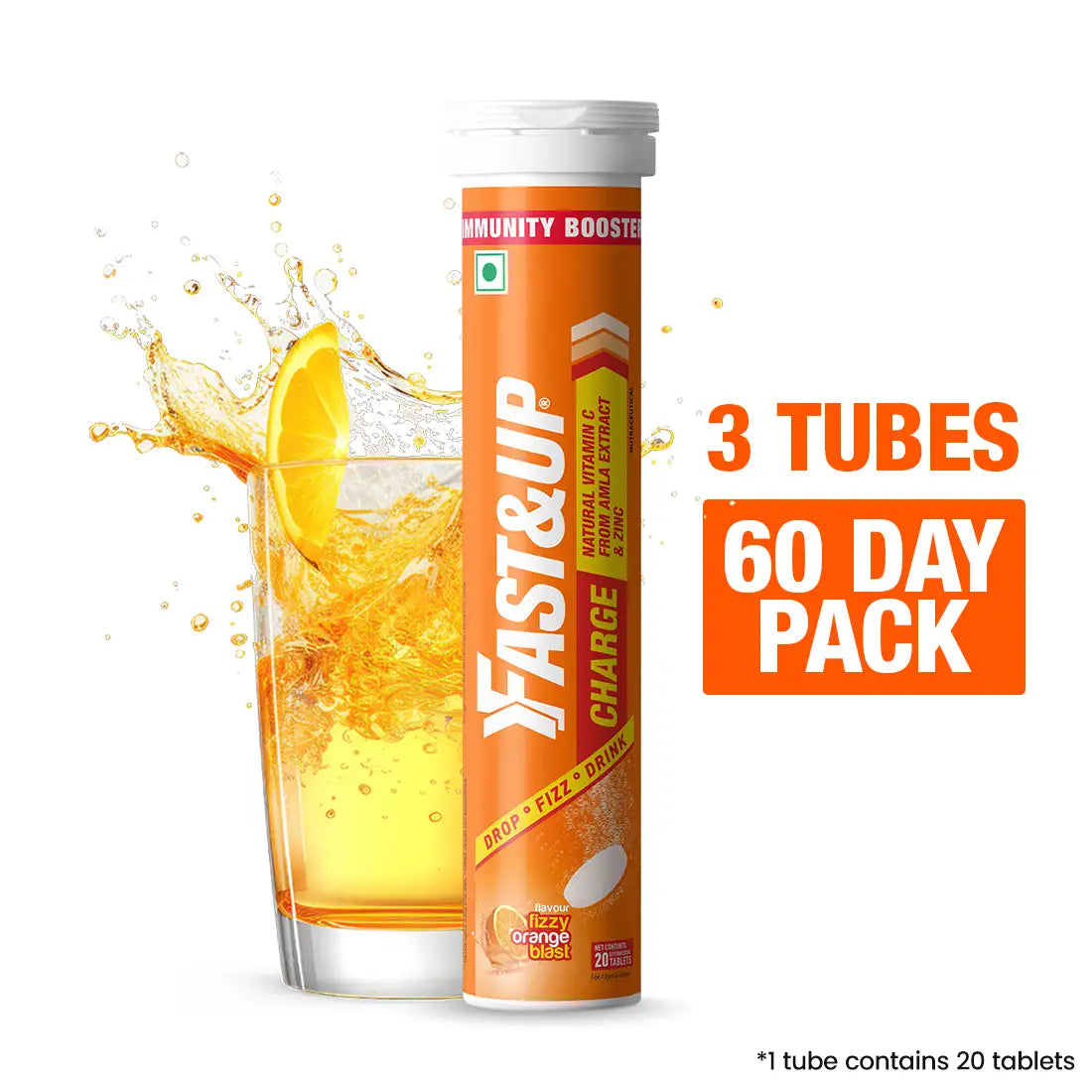 Fast&amp;Up Charge with Natural Vitamin C and Zinc for Immunity - 60 Effervescent Tablets - Orange Flavour