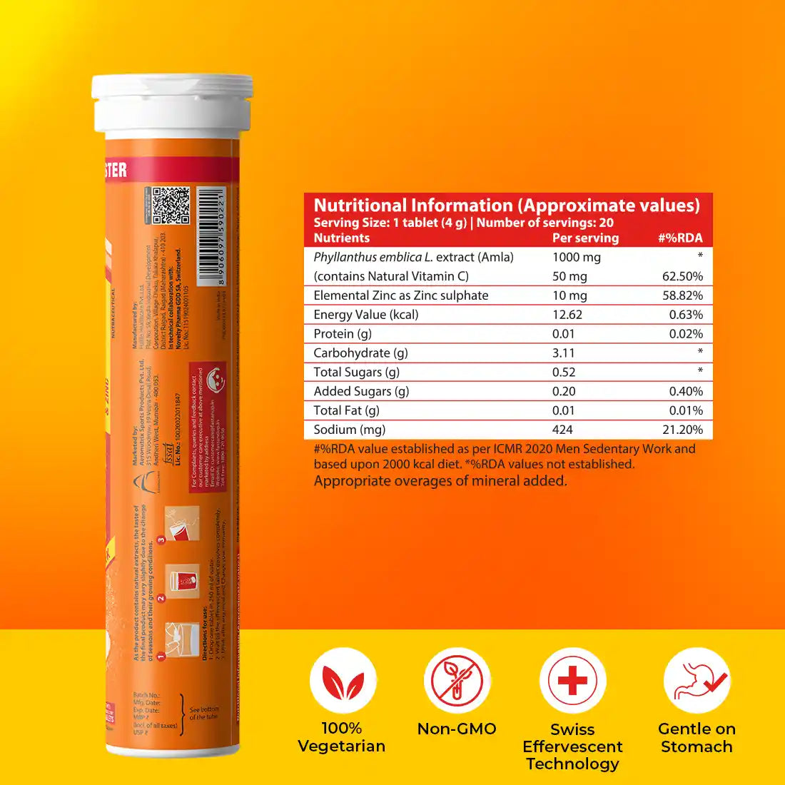 Fast&amp;Up Charge with Natural Vitamin C and Zinc for Immunity - 60 Effervescent Tablets - Orange Flavour
