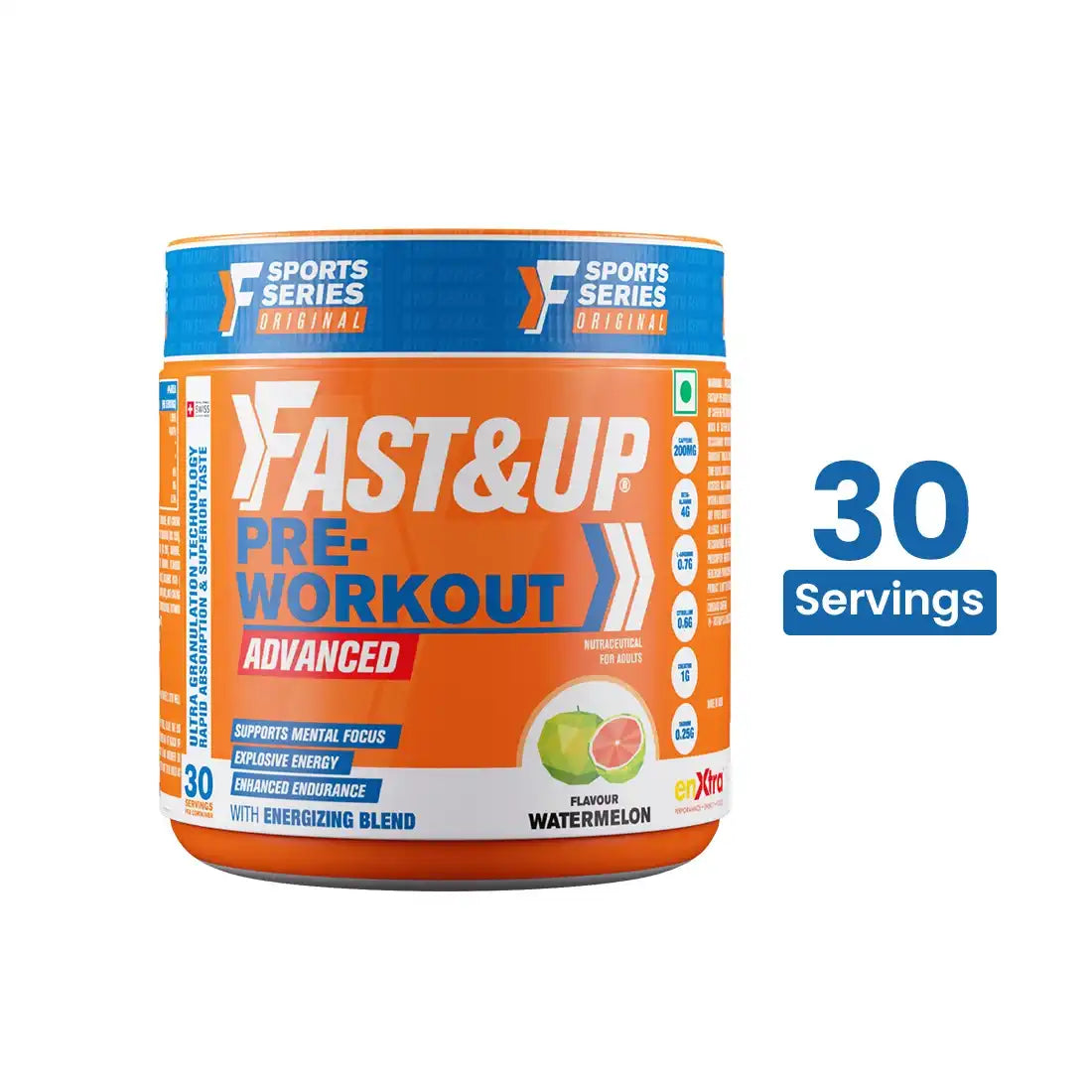 Fast&amp;Up Pre Workout Supplement - Sports training - Energy and Power Performance - Caffeine - 30 Servings