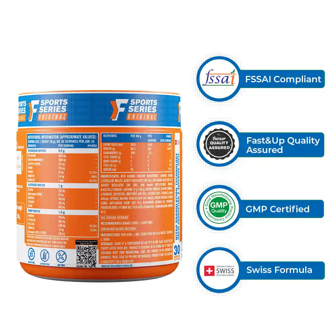 Fast&amp;Up Pre Workout Supplement - Sports training - Energy and Power Performance - Caffeine - 30 Servings