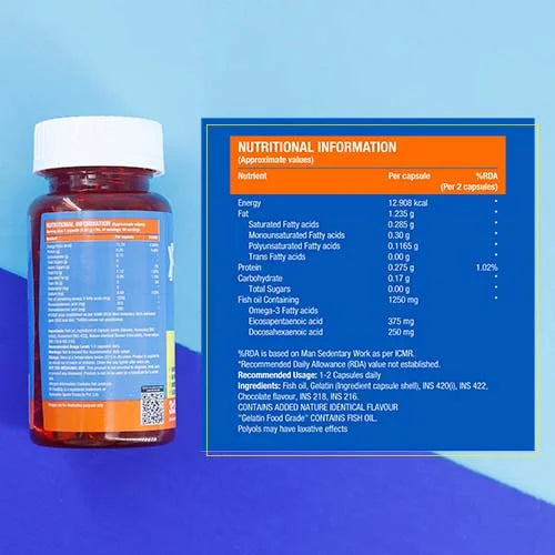 Fast&amp;Up Promega 1250 Mg Omega 3 capsules with High EPA:DHA burpless Fish Oil Supplements - 60 Capsules - Chocolate Flavour