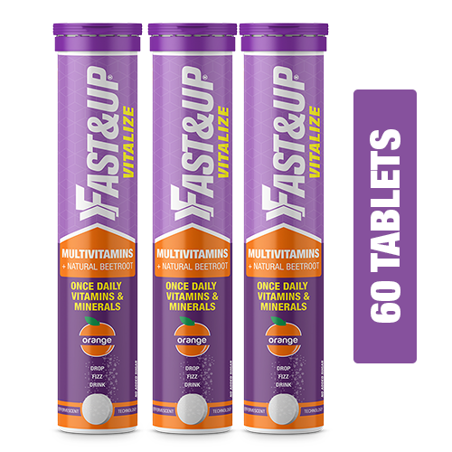 Fast&amp;Up Vitalize Mutivitamin Supplements, One daily with Natural Beetroot Extract for Men and Women - 60 Effervescent Tablets - Orange Flavour