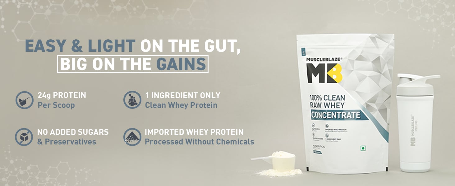 MuscleBlaze 80% Raw Whey Protein Supplement Powder, 1 kg (2.2 lb), 33 Servings (Unflavoured)