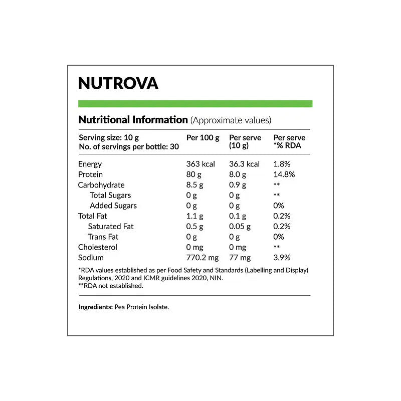 Nutrova Pea Protein Powder, Vegan Protein Isolate - No Added Sugar, Artificial Sweeteners Or Flavours, Vegan &amp; Gluten-Free (300Gm) 80% Protein Content, 8G Of Protein In Every 10G Scoop
