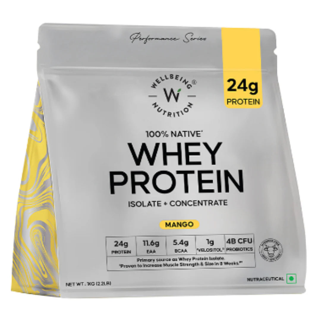 Wellbeing Whey Protein Isolate + Concentrate 24g | 1kg | 4B CFU Probiotics | Mango Flavoured