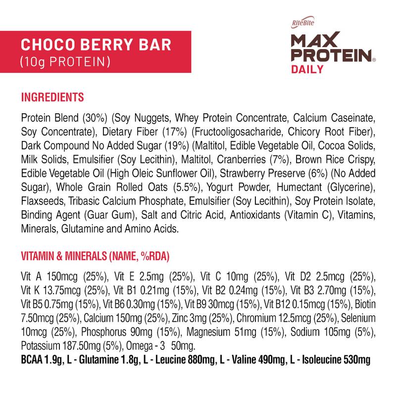 Ritebite Max Protein Daily Choco Berry Bars 1200g - Pack of 24 (50g x 24) - NutraC - Health &amp; Nutrition Store 