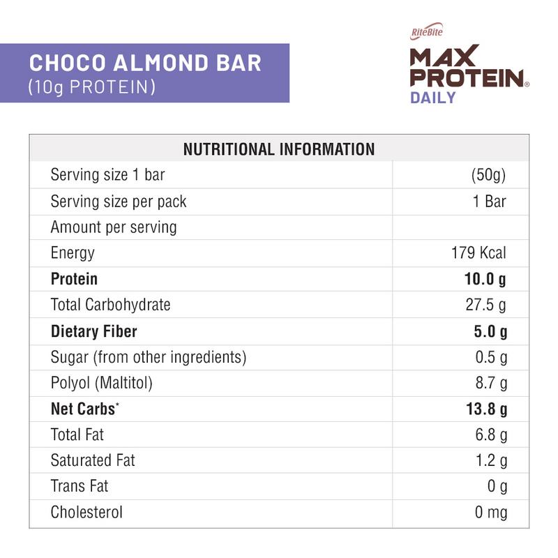 Ritebite Max Protein Daily Choco Almond Bar 50g - NutraC - Health &amp; Nutrition Store 