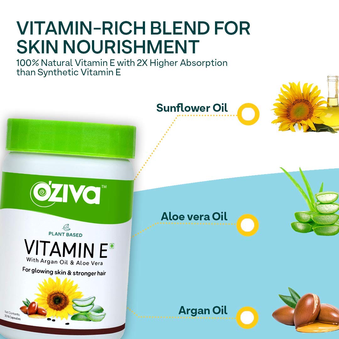 OZiva Plant Based Natural Vitamin E, with Sunflower oil, Aloe vera oil &amp; Argan oil, for Glowing Skin &amp; Strong Hair 30 Capsules