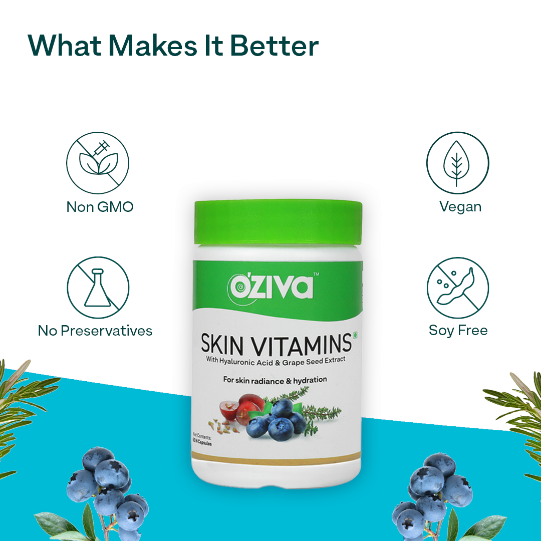 OZiva Skin Vitamins (With Hyaluronic Acid and Grape Seed Extract), 60 Capsules - NutraC - Health &amp; Nutrition Store 