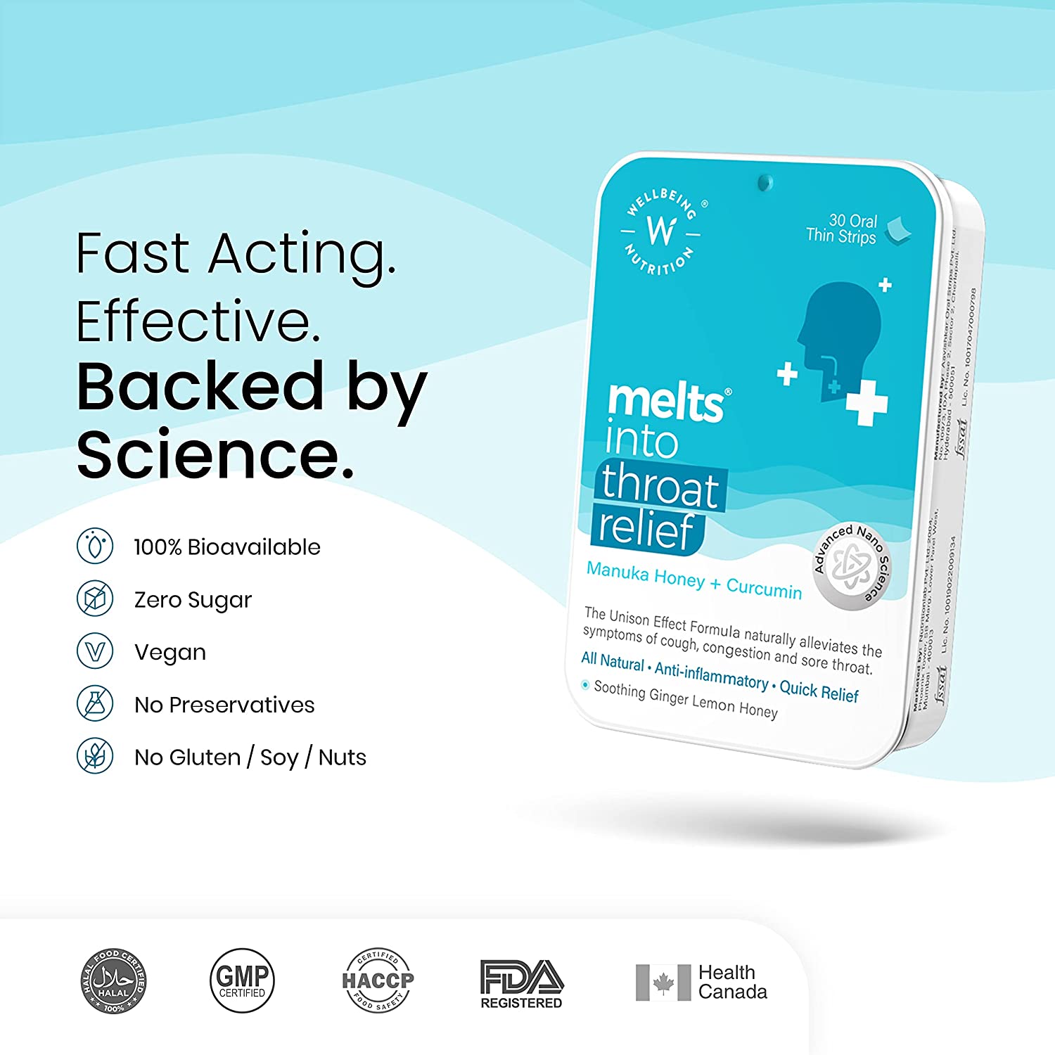 Wellbeing Nutrition Melts instant Throat Relief with 100% Natural Tulsi, Manuka Honey, Clove, Licorice,Curcumin, Ginger, Mint| Cough,Sore Throat Relief, Pain Relief (30 Oral Strips) - NutraC - Health &amp; Nutrition Store 