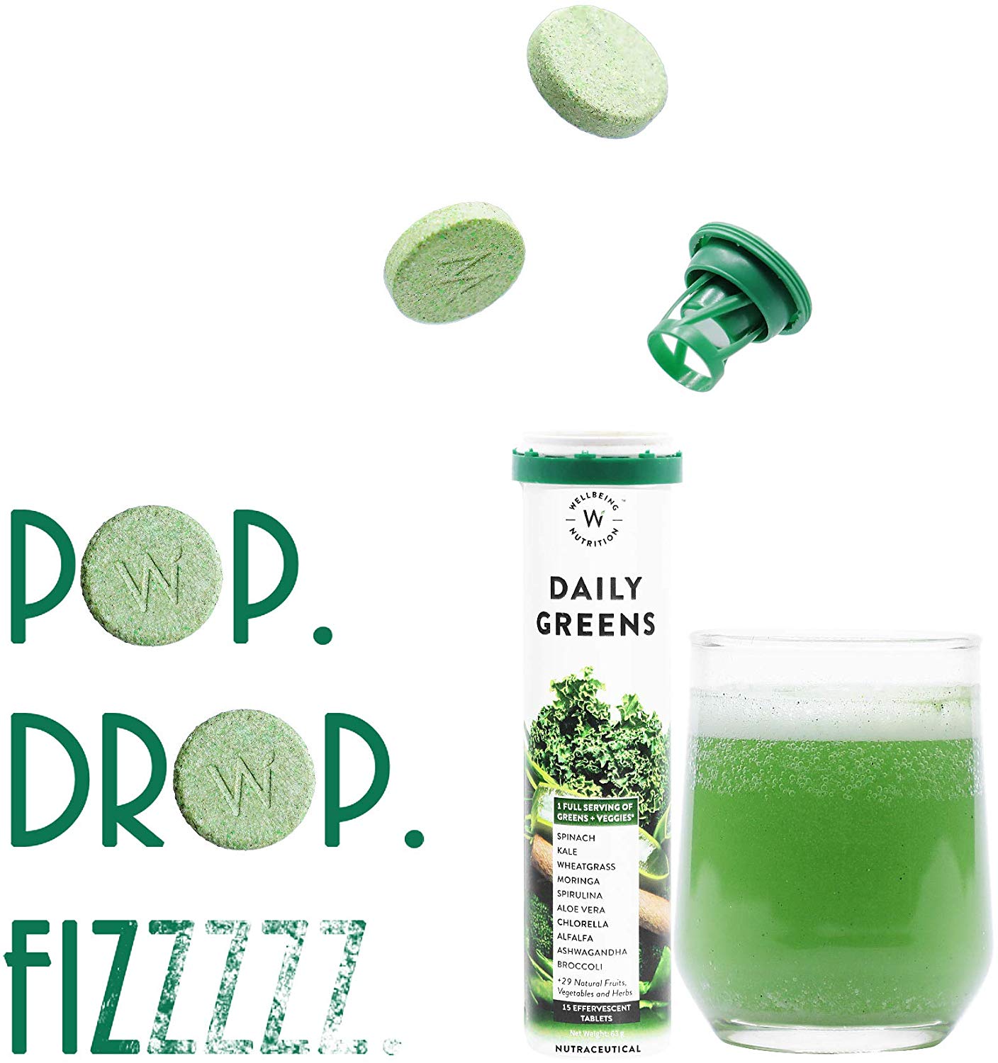 Wellbeing Nutrition Daily Greens Wholefood Natural Multivitamin with Organic Plant Superfood and Antioxidants Supplements (15 Effervescent Tablets) - NutraC - Health &amp; Nutrition Store 