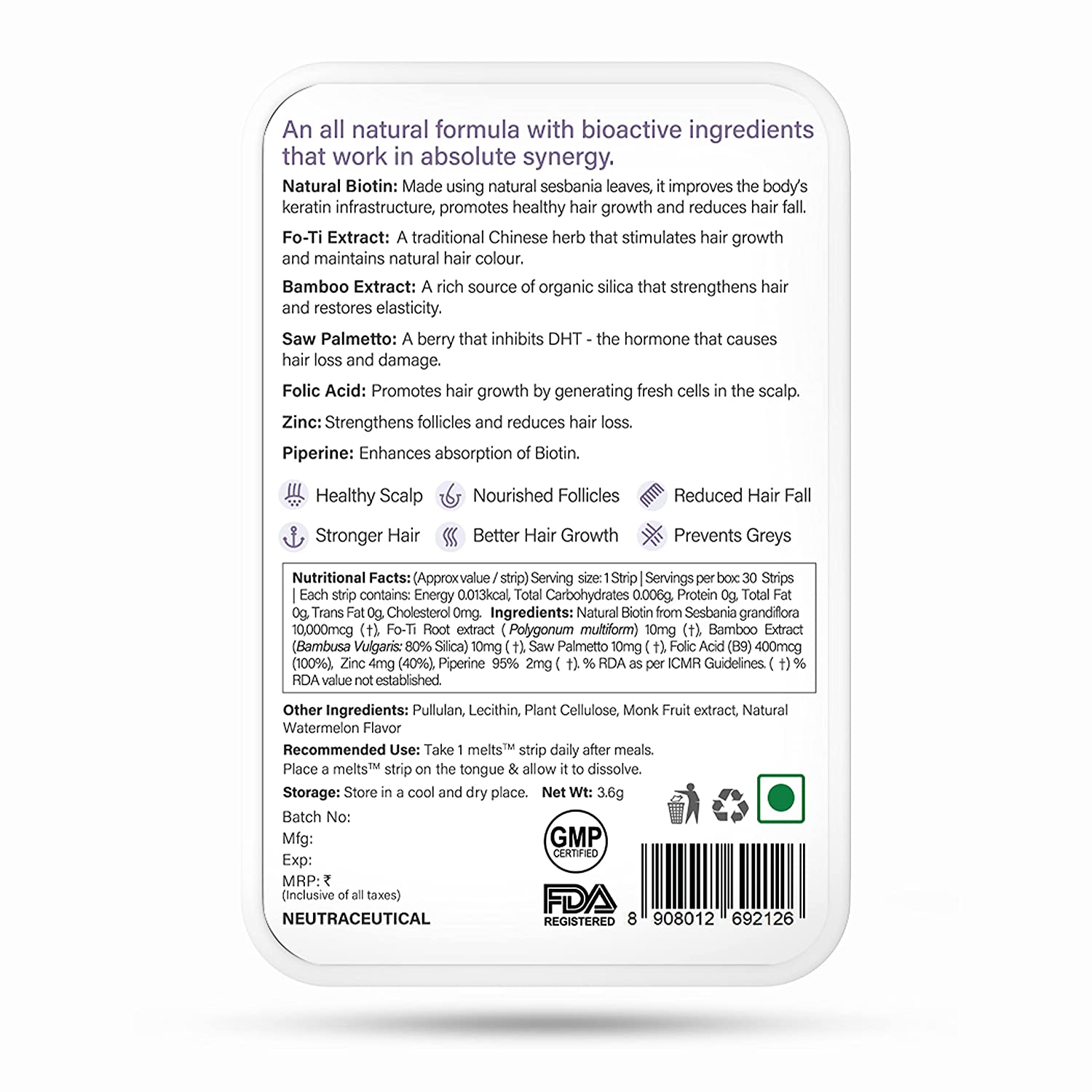 Wellbeing Nutrition Melts Healthy Hair with Plant Based Biotin 10000mcg+, Bamboo shoot, Fo-Ti, Saw Palmetto for Hair Nutrition, Hair fall, Premature Greying, Hair Growth - 30 Oral Thin Strips - NutraC - Health &amp; Nutrition Store 