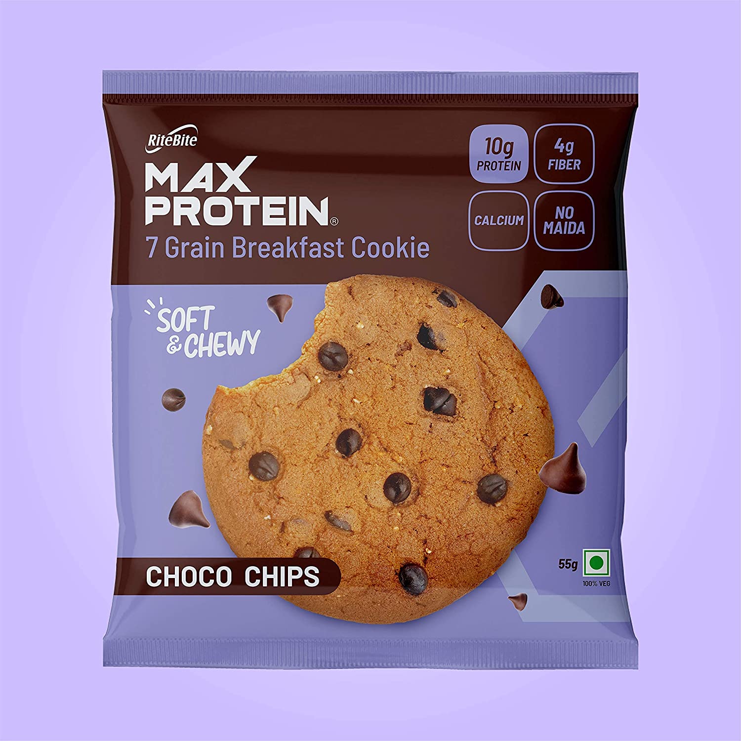 RiteBite Max Protein 7 Grain Breakfast Cookies - Choco Chips 660 g - Pack of 12 ( 55g x 12 ) Consist of Protein, Fiber, Calcium, No Maida, Soft &amp; Chewy - NutraC - Health &amp; Nutrition Store 