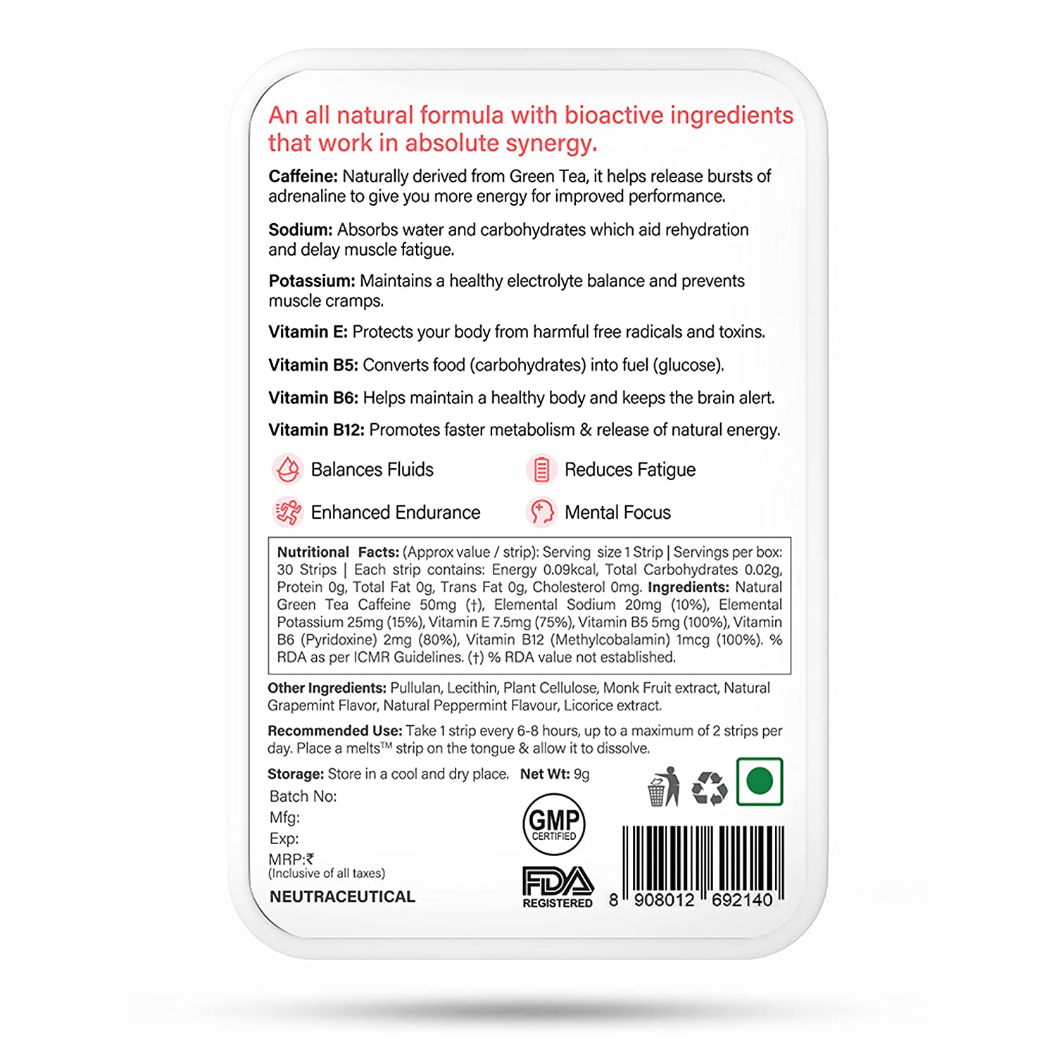 Wellbeing Nutrition Melts Instant Energy, 100% Plant Based Green Tea Caffeine, Essential Electrolytes and Vitamins for Endurance, Sports Hydration, Pre Workout Energy Boost - 30 Oral Thin Strips - NutraC - Health &amp; Nutrition Store 