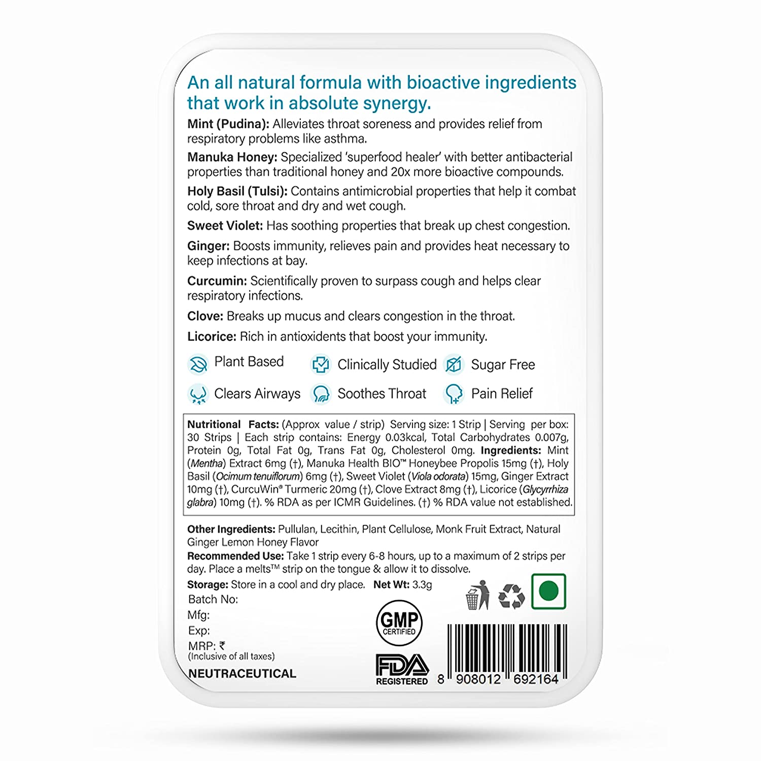 Wellbeing Nutrition Melts instant Throat Relief with 100% Natural Tulsi, Manuka Honey, Clove, Licorice,Curcumin, Ginger, Mint| Cough,Sore Throat Relief, Pain Relief (30 Oral Strips) - NutraC - Health &amp; Nutrition Store 