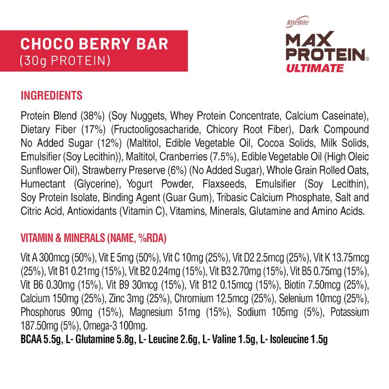 RiteBite Max Protein Ultimate Choco Berry Bars 1200g - Pack of 12 (100g x 12) - NutraC - Health &amp; Nutrition Store 