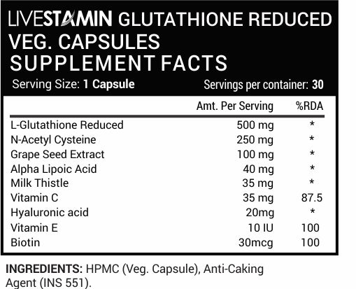 Livestamin L-Glutathione Reduced 30 Capsules - NutraC - Health & Nutrition Store Livestamin L-Glutathione Reduced 30 Capsules - NutraC - Health & Nutrition Store