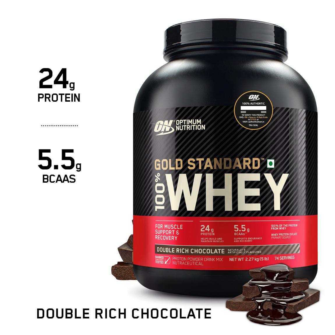 Optimum Nutrition (ON) Gold Standard 100% Whey Protein Powder - 5 lbs, 2.27 kg (Double Rich Chocolate), Primary Source Isolate