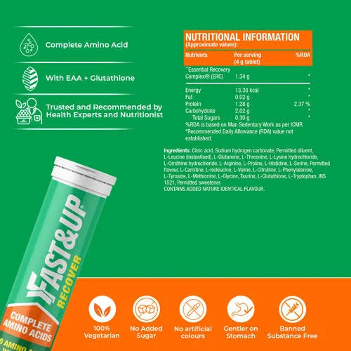 Fast&amp;Up Recover with Essential Amino Acids for Muscles - 20 Effervescent Tablets - Raspberry Flavor